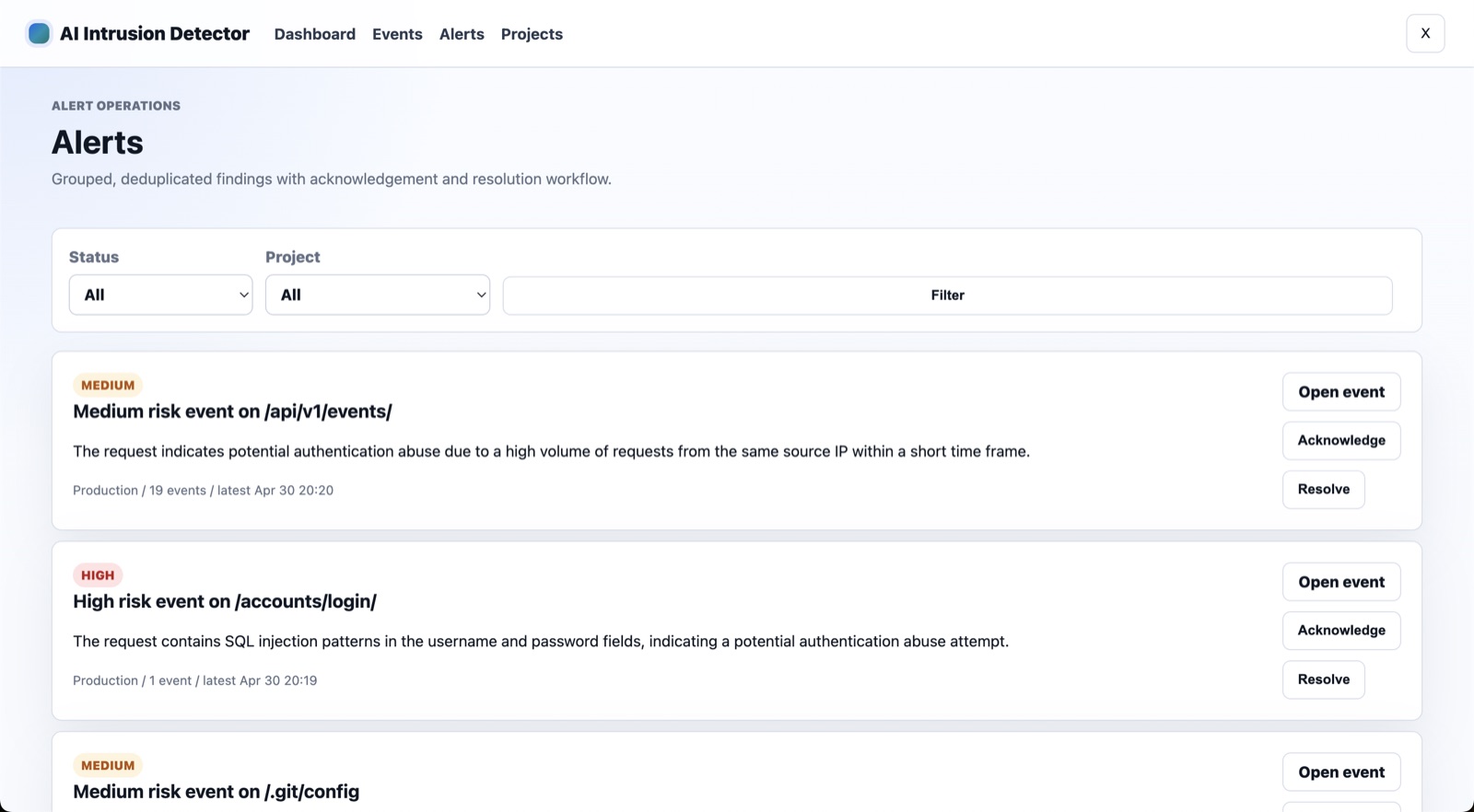 Alerts operations page with action buttons