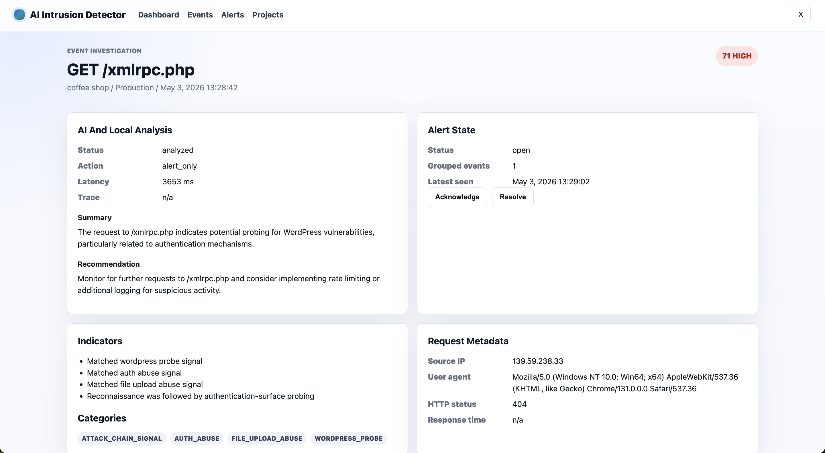 Event investigation page with AI and local analysis plus alert state