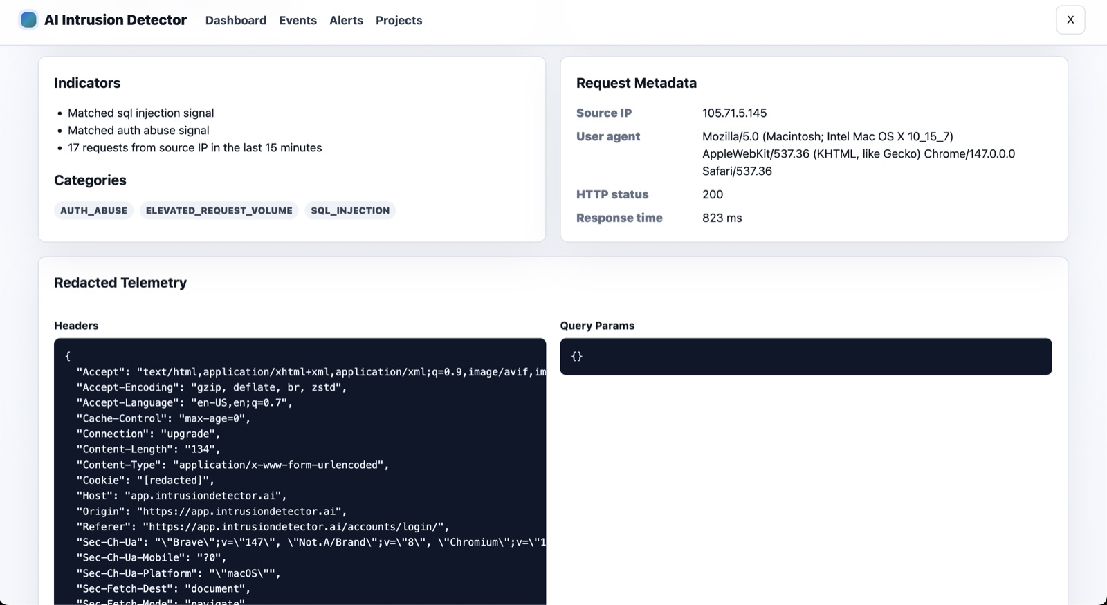 Redacted telemetry and request metadata